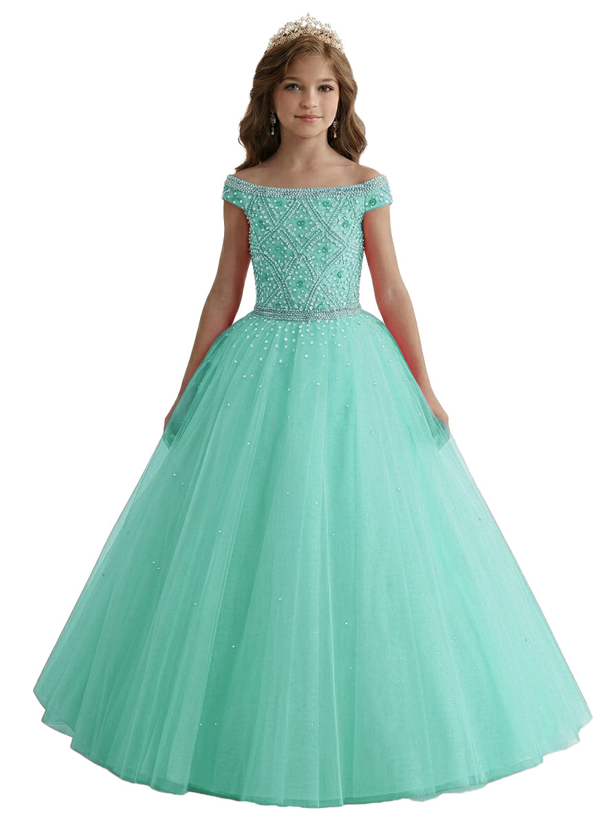 Mint off-the-shoulder beaded girls pageant dress front