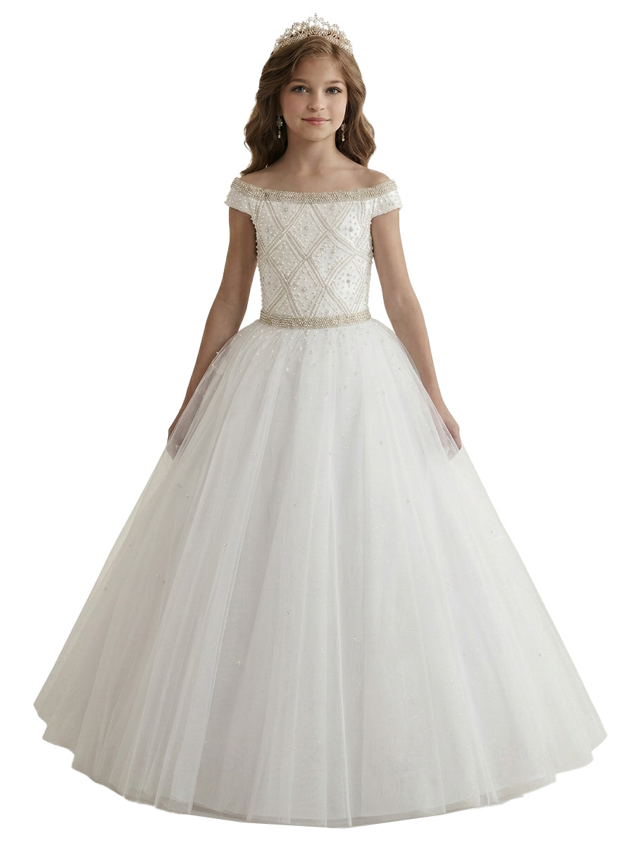 White off-the-shoulder beaded girls pageant dress, front view