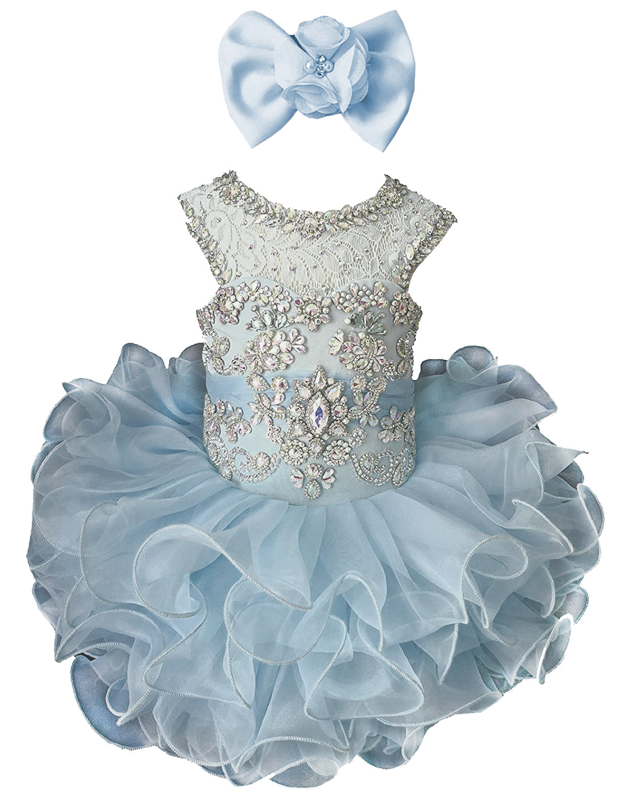 Girls baby blue beaded ruffle cupcake pageant dress