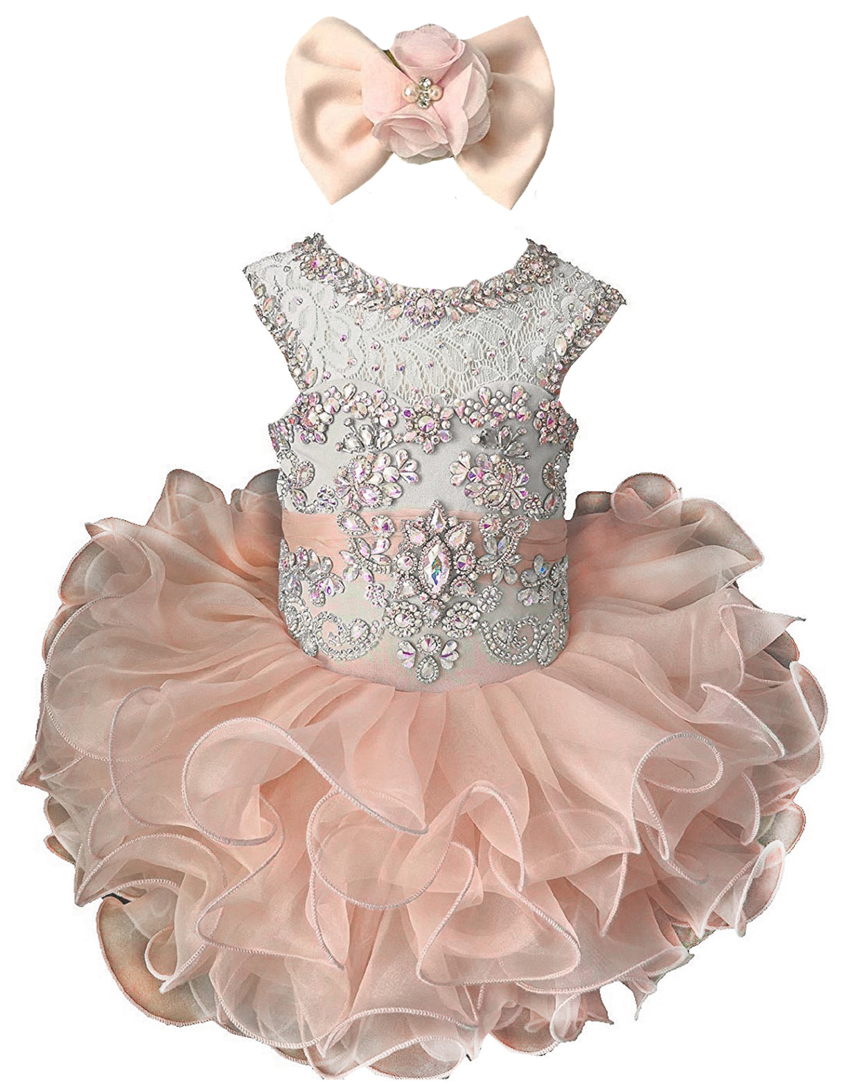 Girls blush pink beaded ruffle cupcake pageant dress
