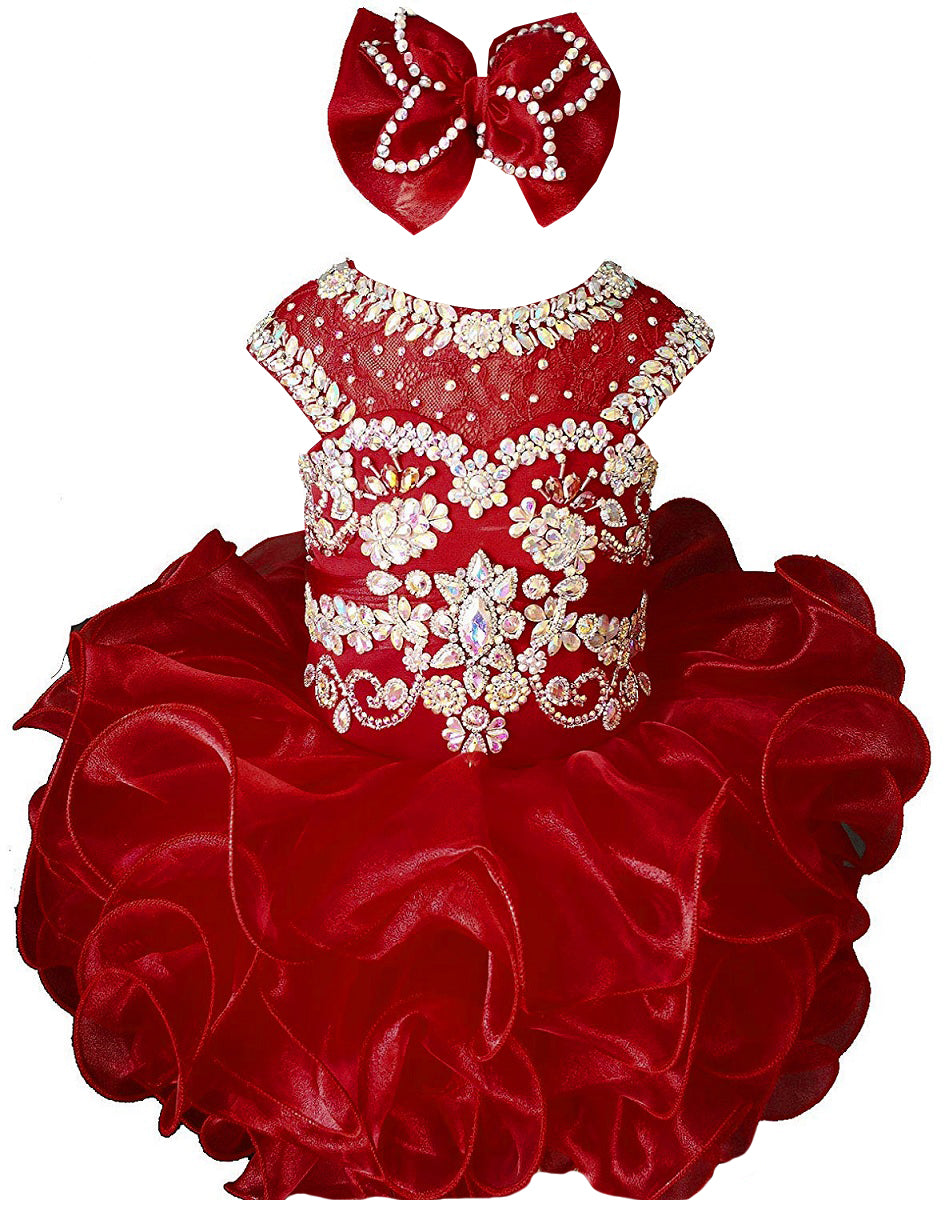 Girls burgundy beaded ruffle cupcake pageant dress