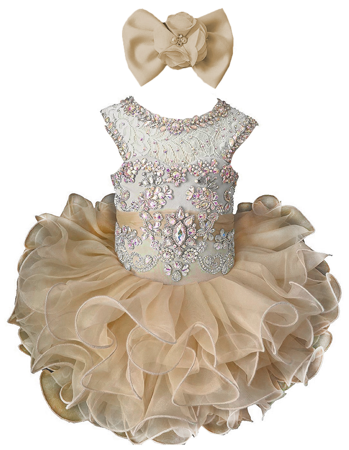 Girls champagne beaded ruffle cupcake pageant dress