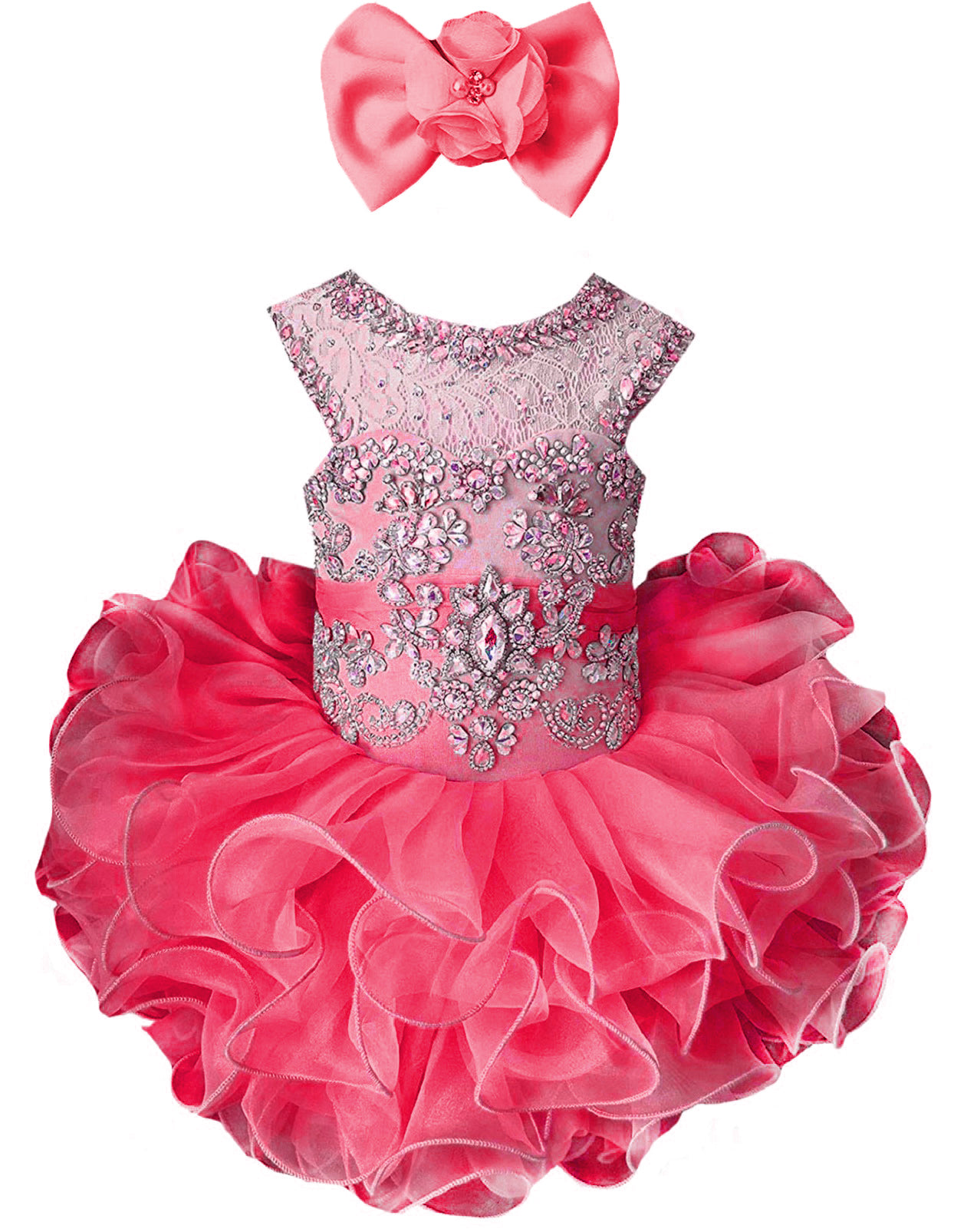 Girls coral beaded ruffle cupcake pageant dress