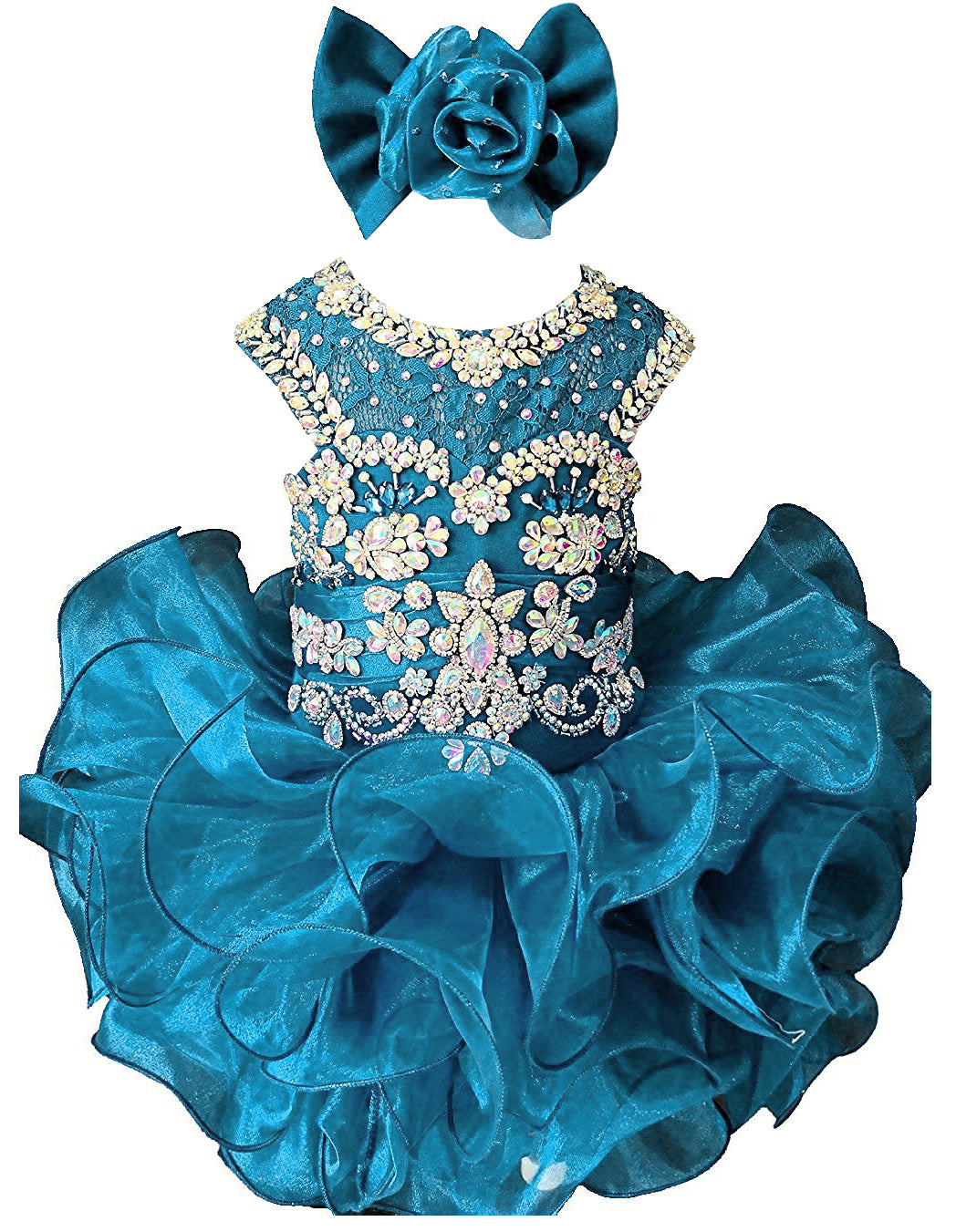 Girls dusty turquoise beaded ruffle cupcake pageant dress