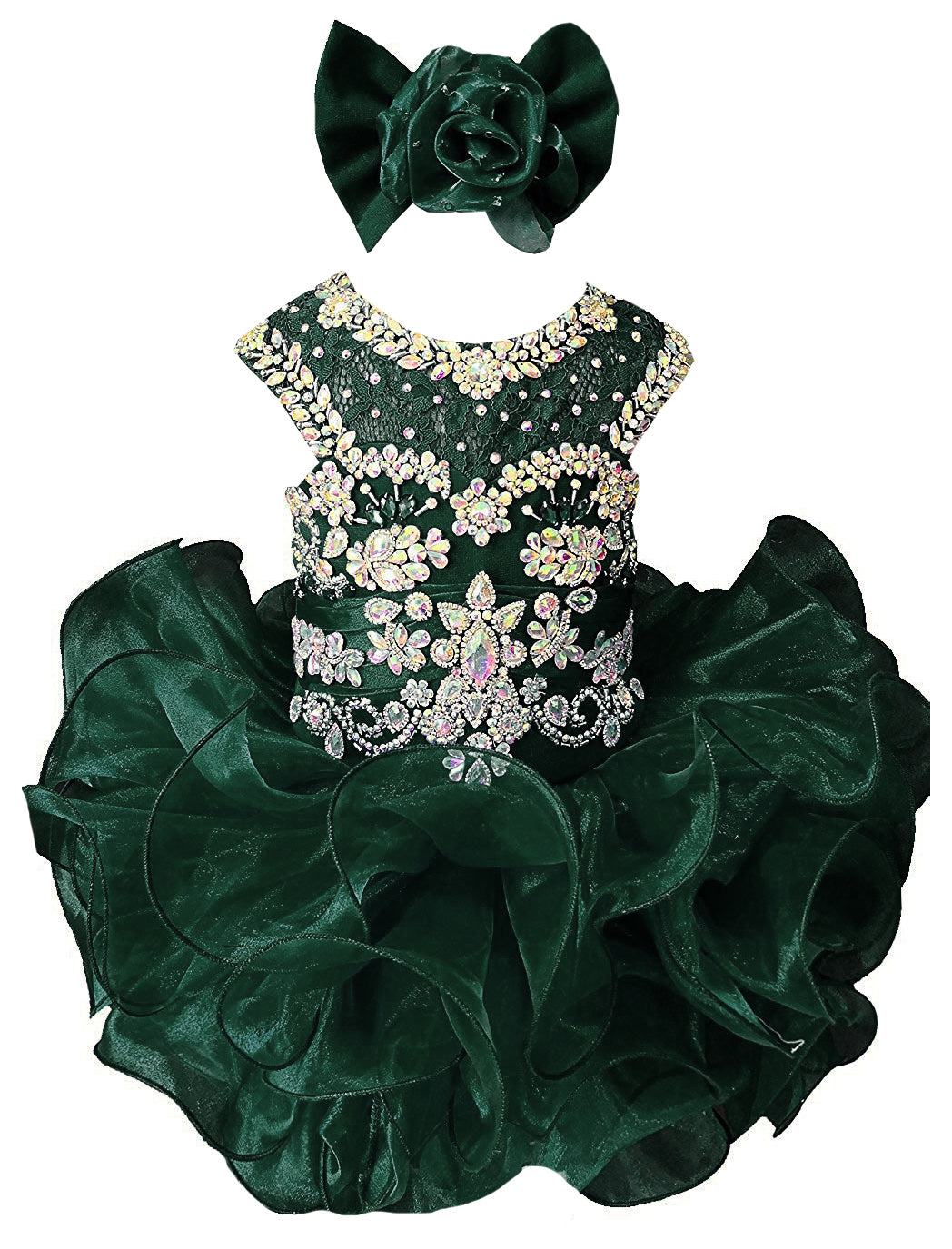Girls emerald green beaded ruffle cupcake pageant dress