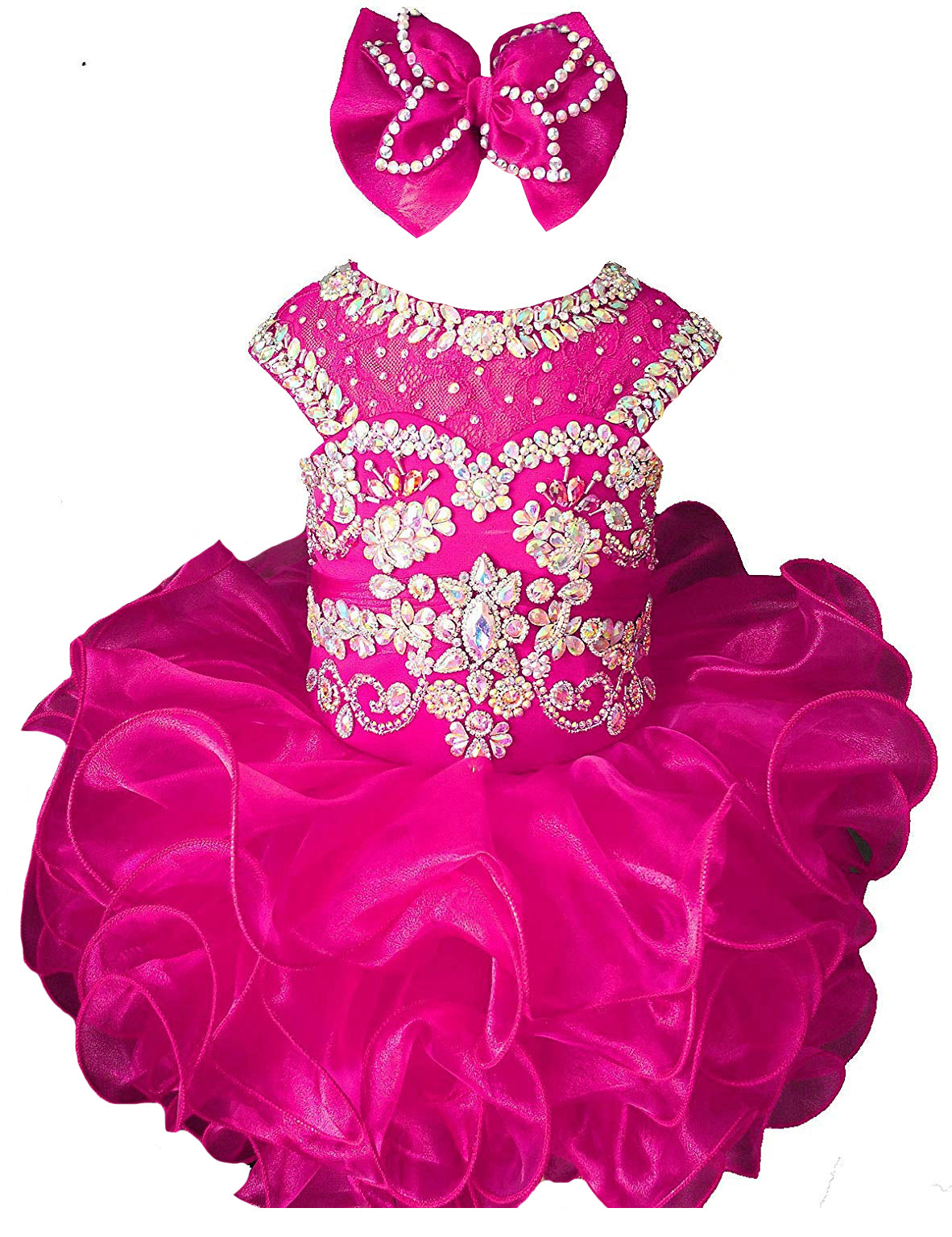 Girls fuchsia beaded ruffle cupcake pageant dress
