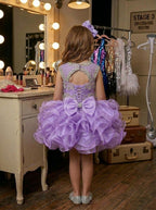 Girls lavender beaded ruffle cupcake pageant dress, back view