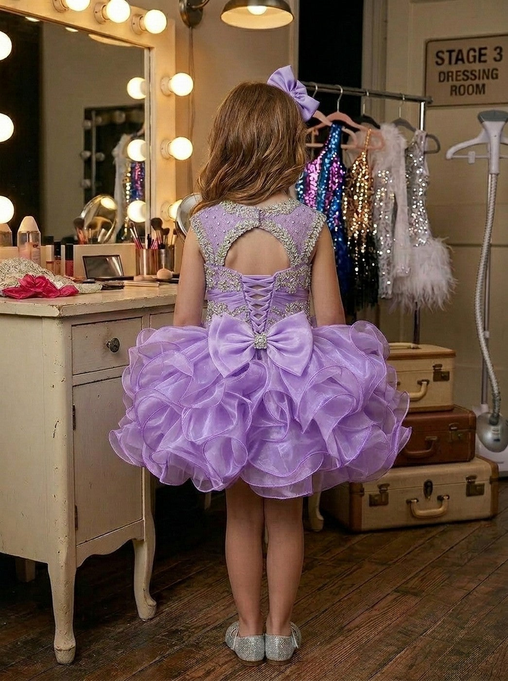 Girls lavender beaded ruffle cupcake pageant dress, back view