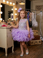 Girls lavender beaded ruffle cupcake pageant dress, front view