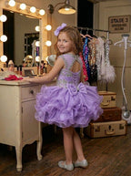 Girls lavender beaded ruffle cupcake pageant dress, side view
