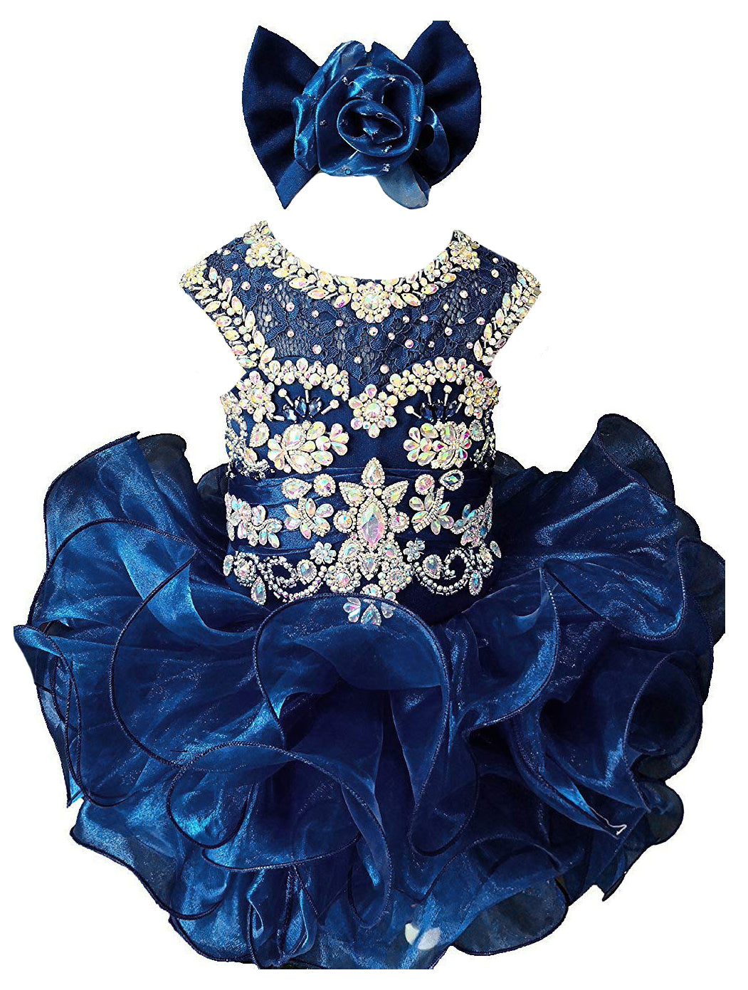 Girls navy blue beaded ruffle cupcake pageant dress