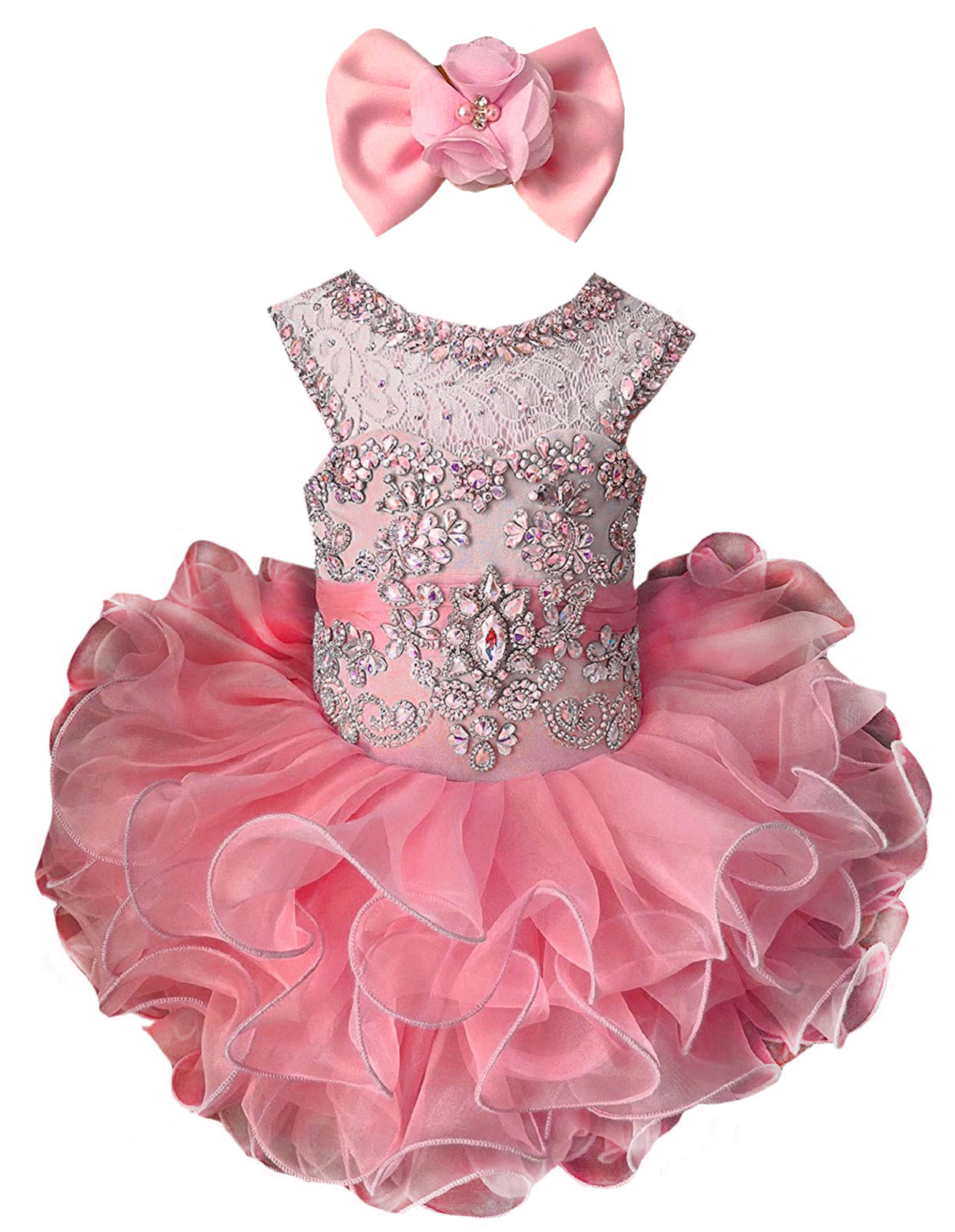 Girls peach beaded ruffle cupcake pageant dress