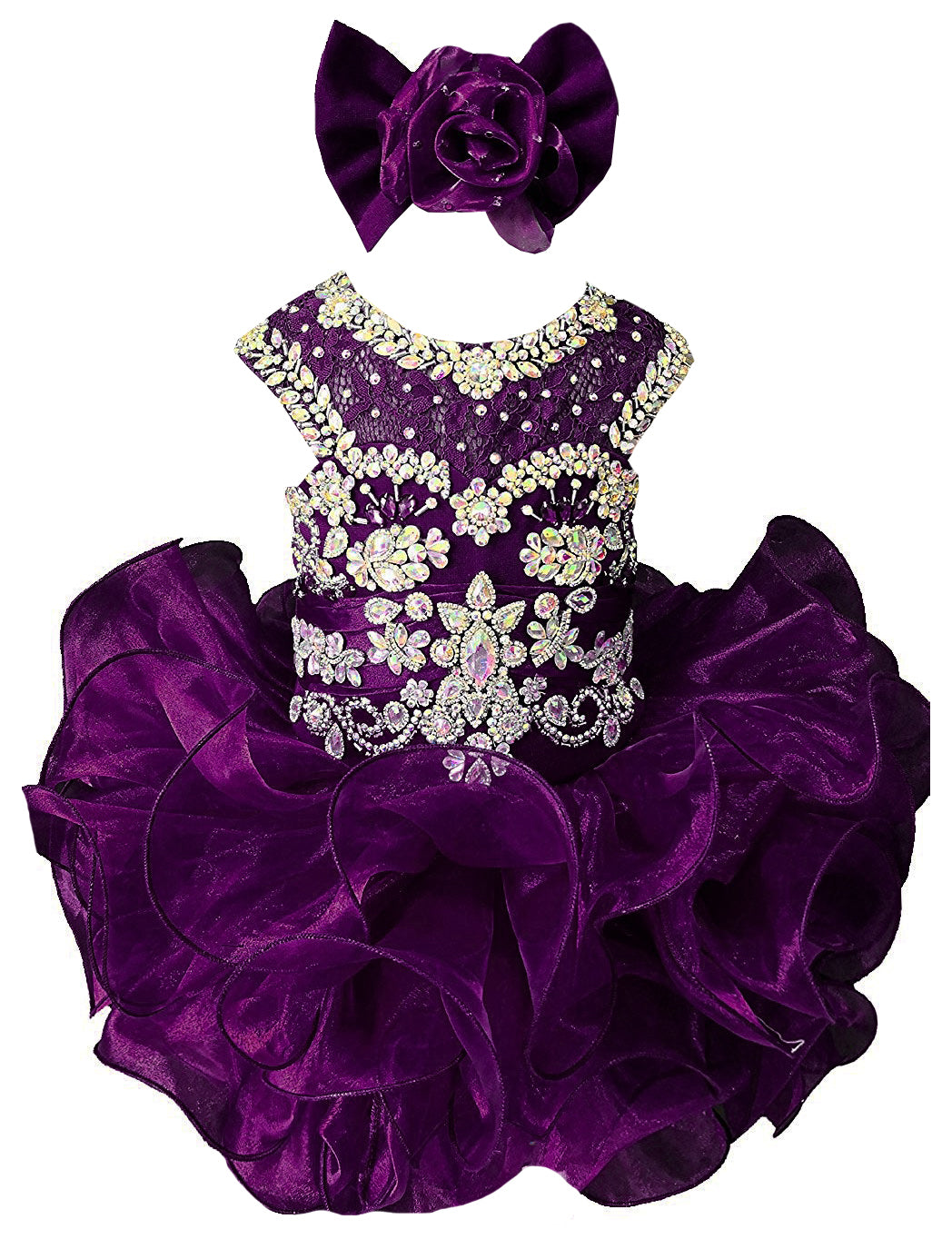 Girls plum beaded ruffle cupcake pageant dress