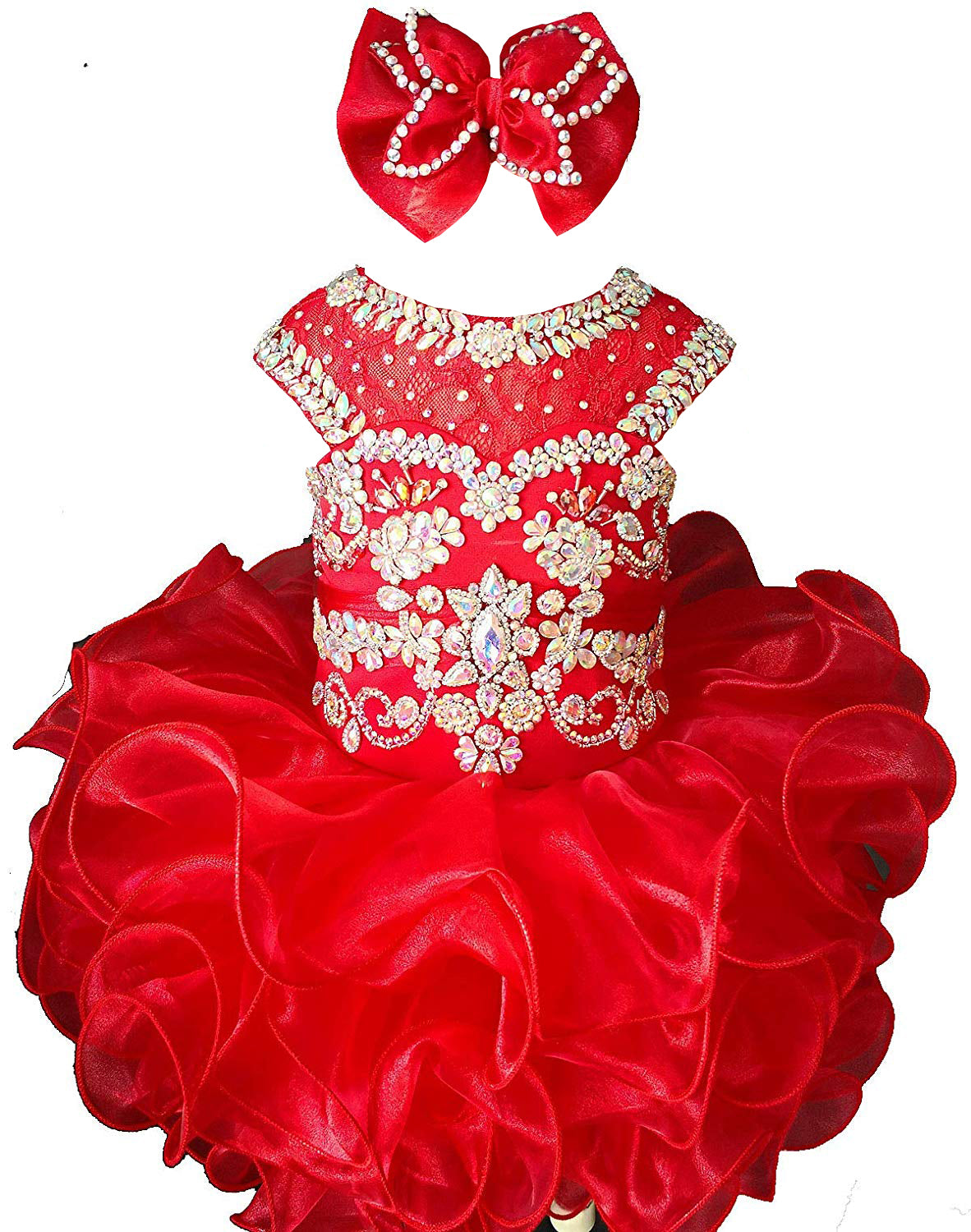 Girls red beaded ruffle cupcake pageant dress