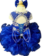 Girls royal blue beaded ruffle cupcake pageant dress, back detail