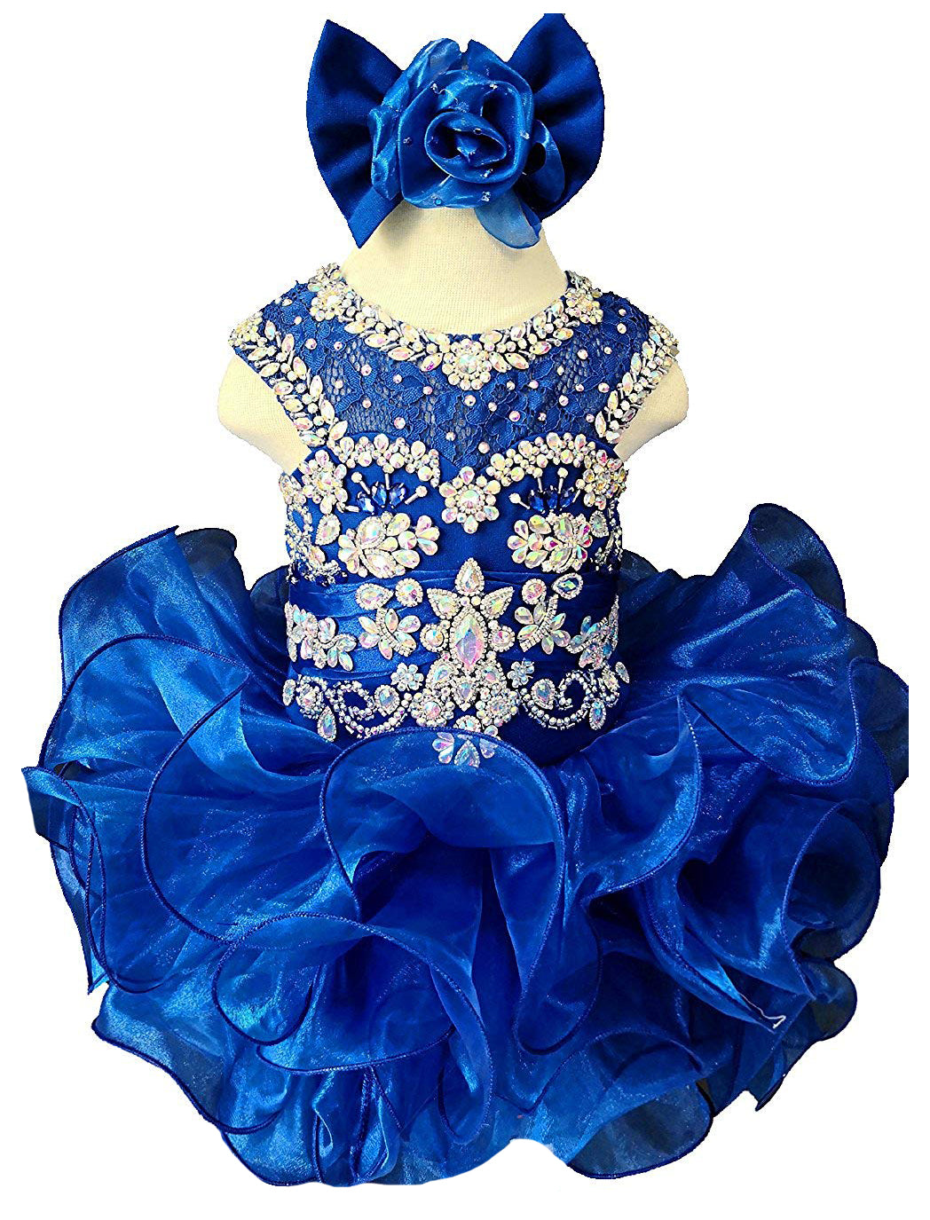 Girls royal blue beaded ruffle cupcake pageant dress