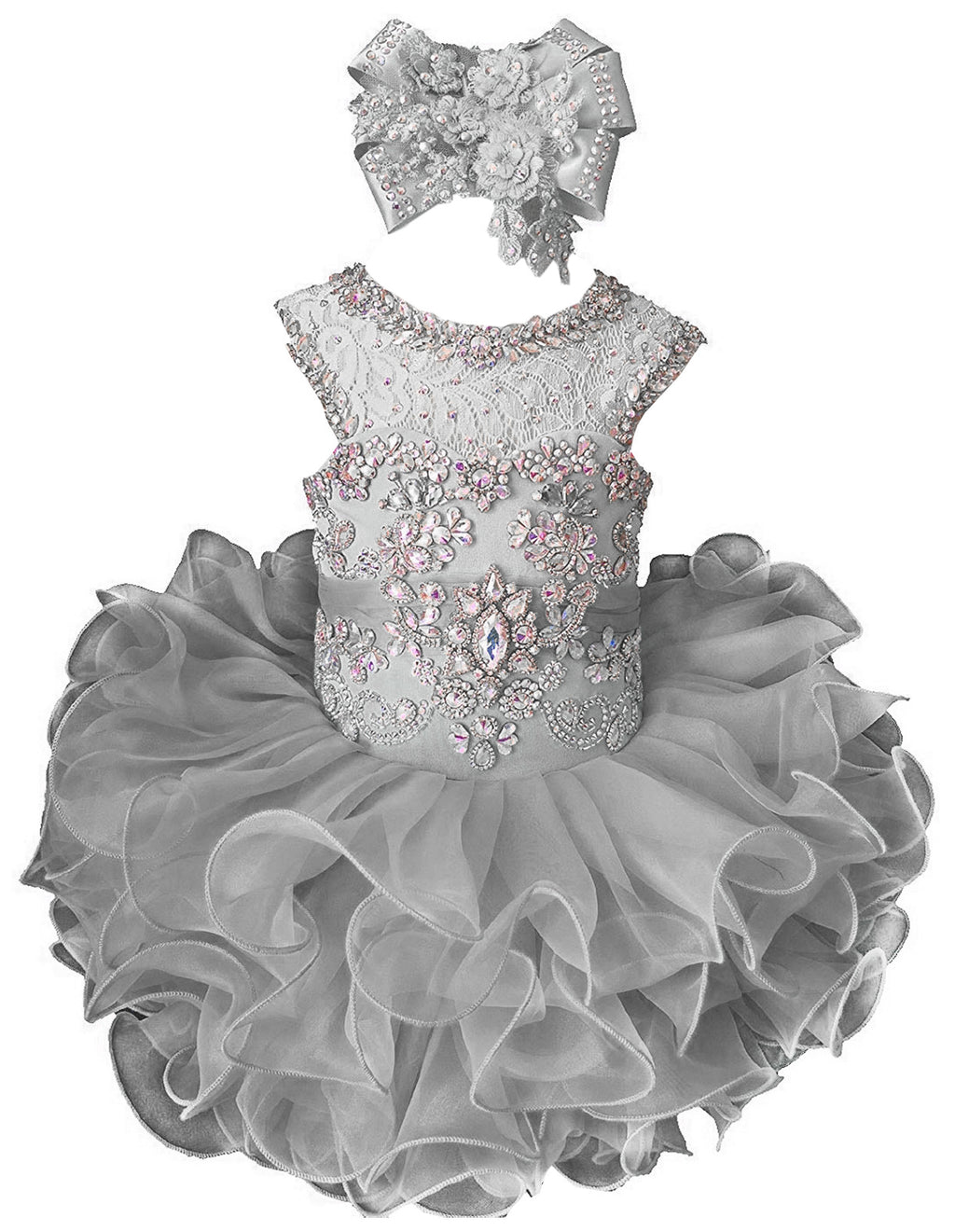 Girls silver beaded ruffle cupcake pageant dress