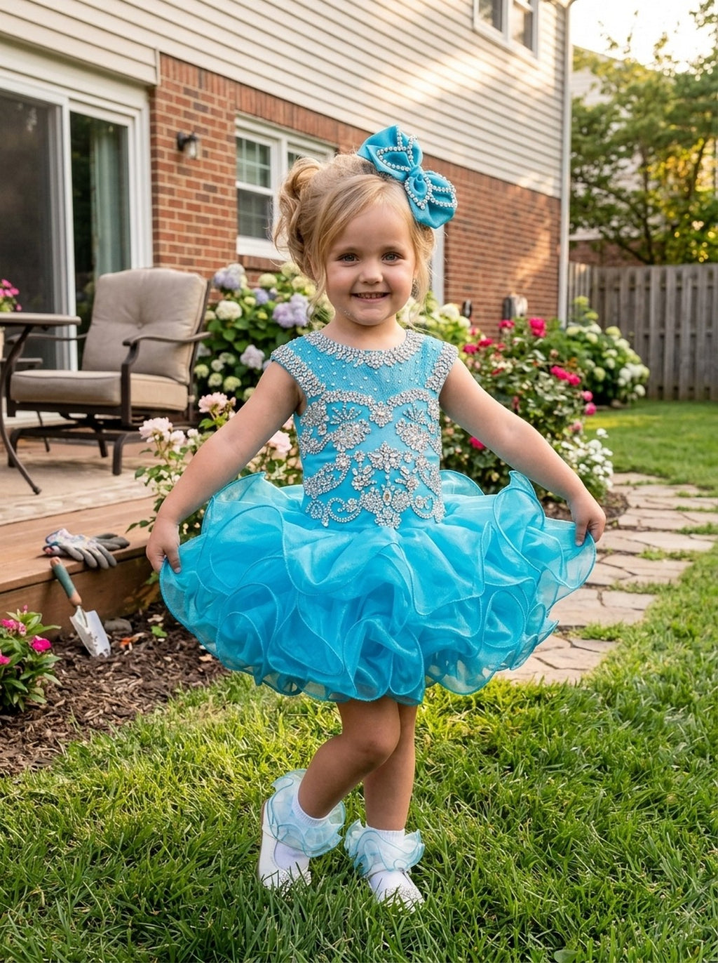 Girls turquoise beaded ruffle cupcake pageant dress outdoors