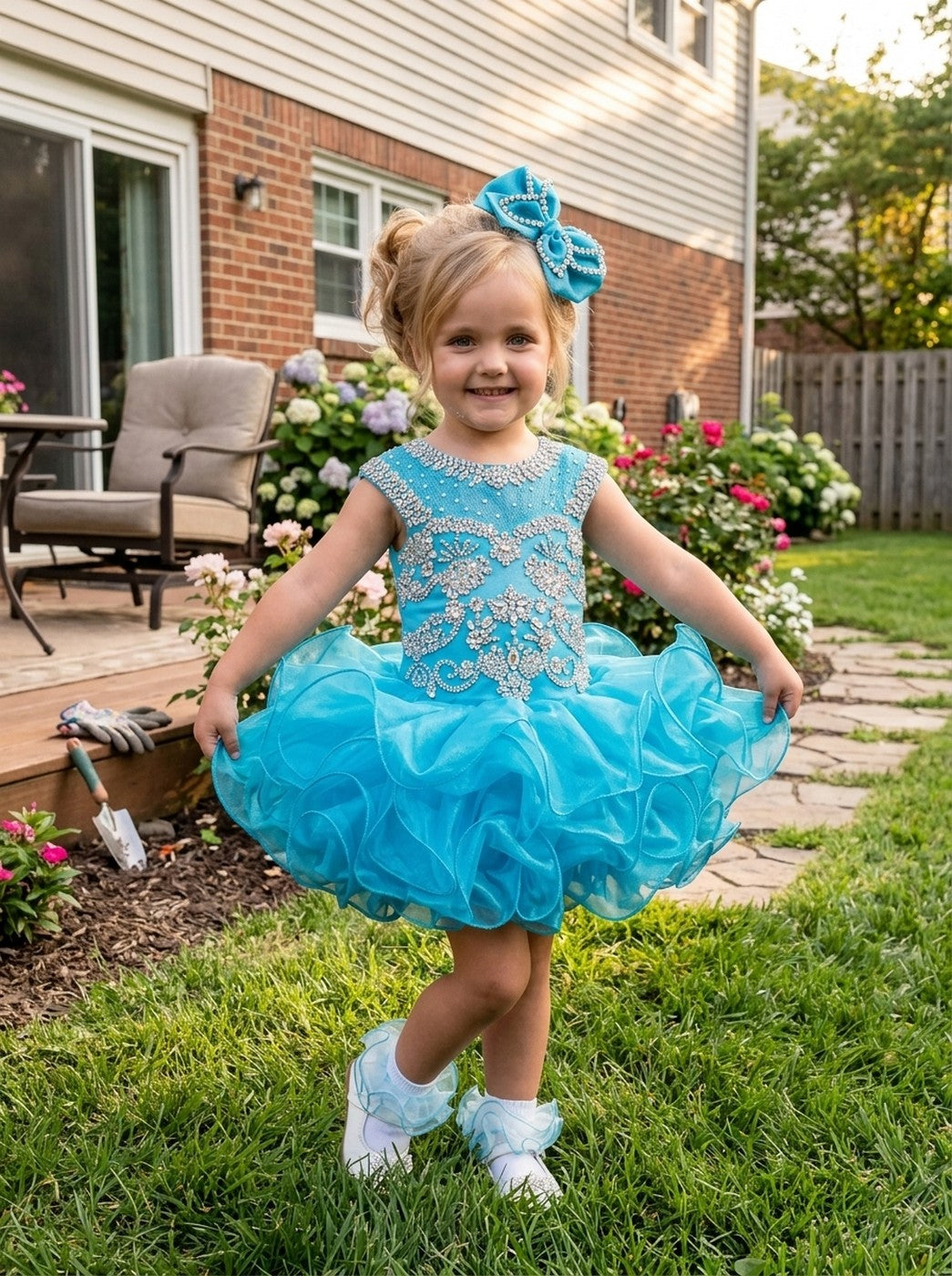 Girls turquoise beaded ruffle cupcake pageant dress outdoors