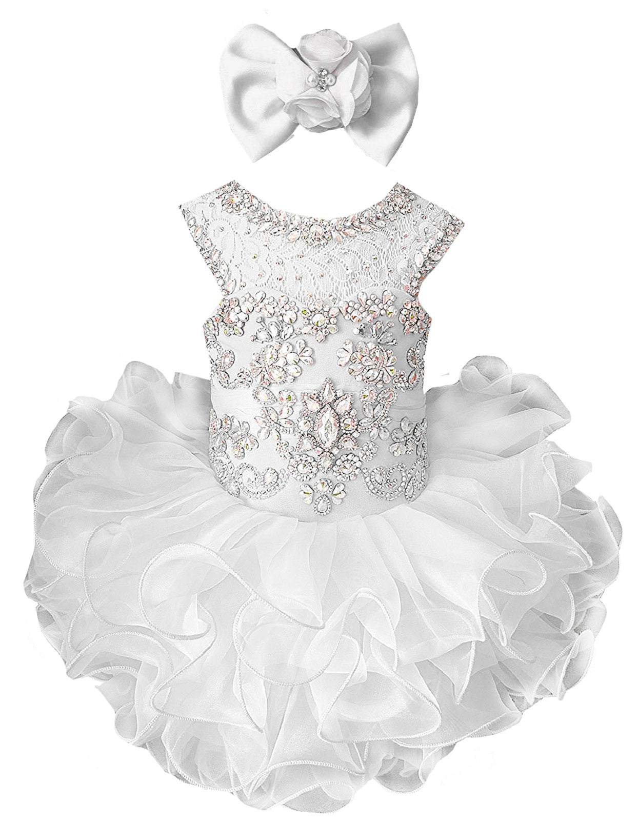 Girls white beaded ruffle cupcake pageant dress