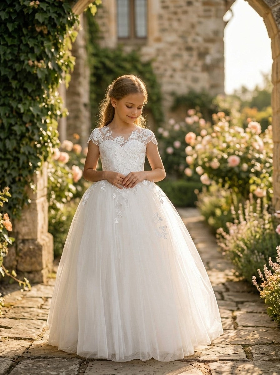 Girls Lace Tulle Flower Girl Dress with Sleeves #GRFL1001