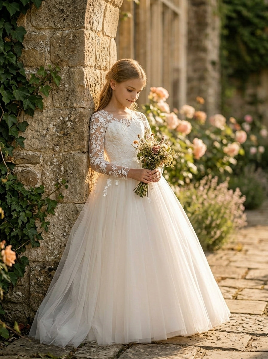 Girls Lace Tulle Flower Girl Dress with Sleeves #GRFL1001