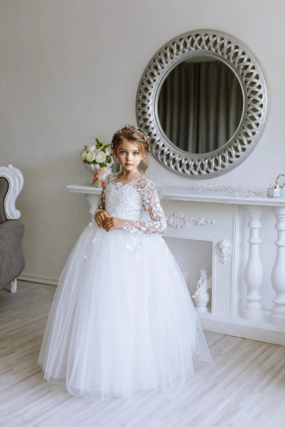 Girls Lace Tulle Flower Girl Dress with Sleeves #GRFL1001