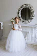 Girls Lace Tulle Flower Girl Dress with Sleeves #GRFL1001