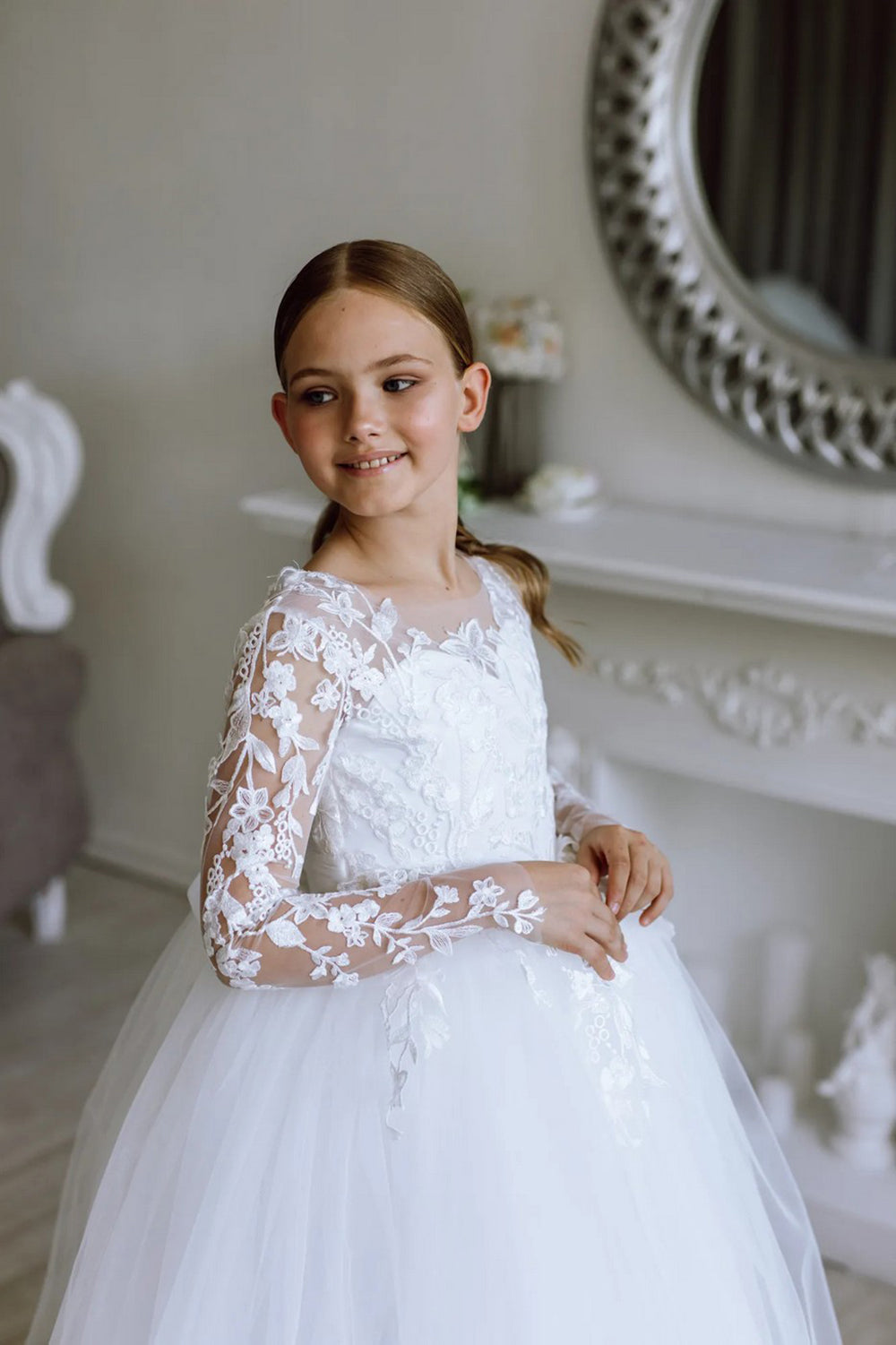 Girls Lace Tulle Flower Girl Dress with Sleeves #GRFL1001