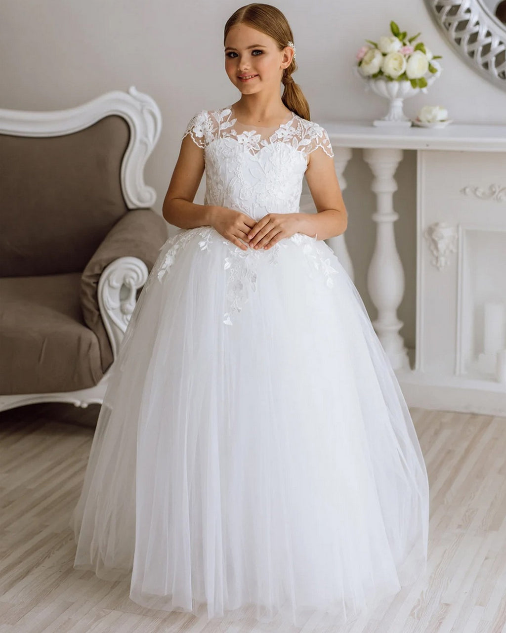 Girls Lace Tulle Flower Girl Dress with Sleeves #GRFL1001