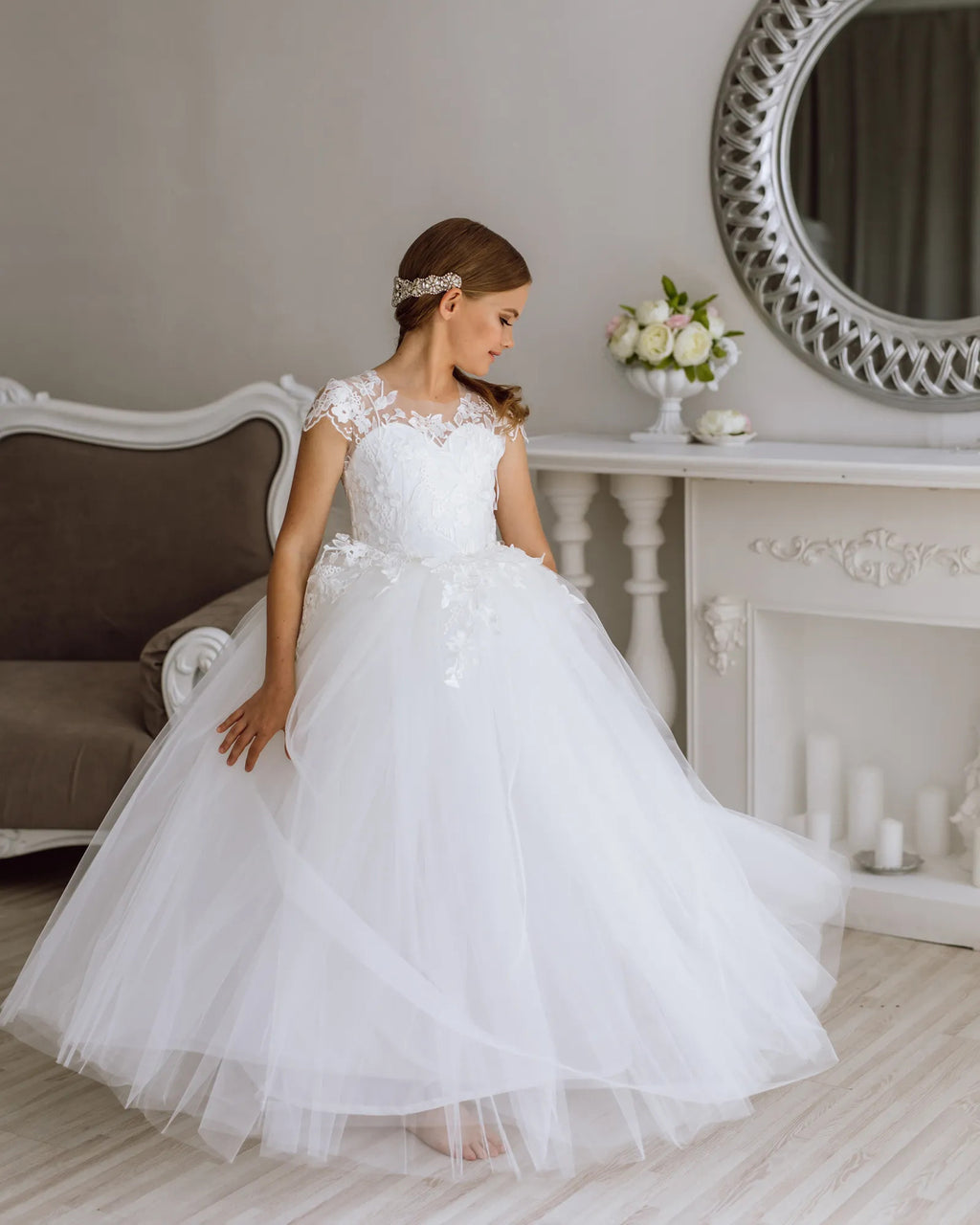 Girls Lace Tulle Flower Girl Dress with Sleeves #GRFL1001
