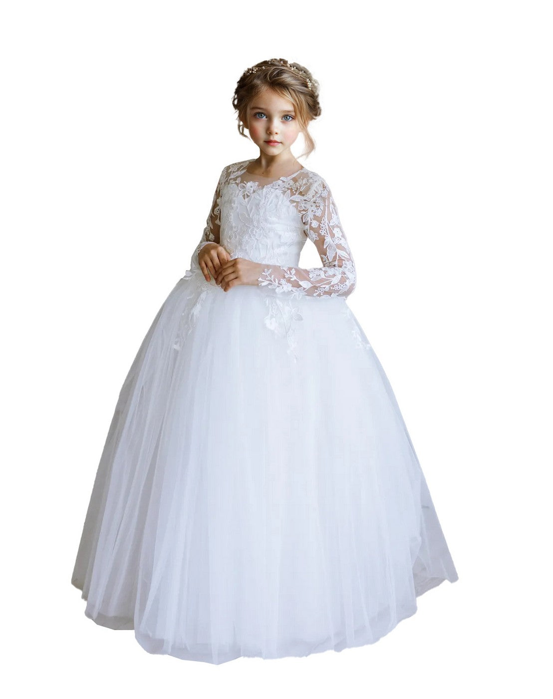 Girls Lace Tulle Flower Girl Dress with Sleeves #GRFL1001